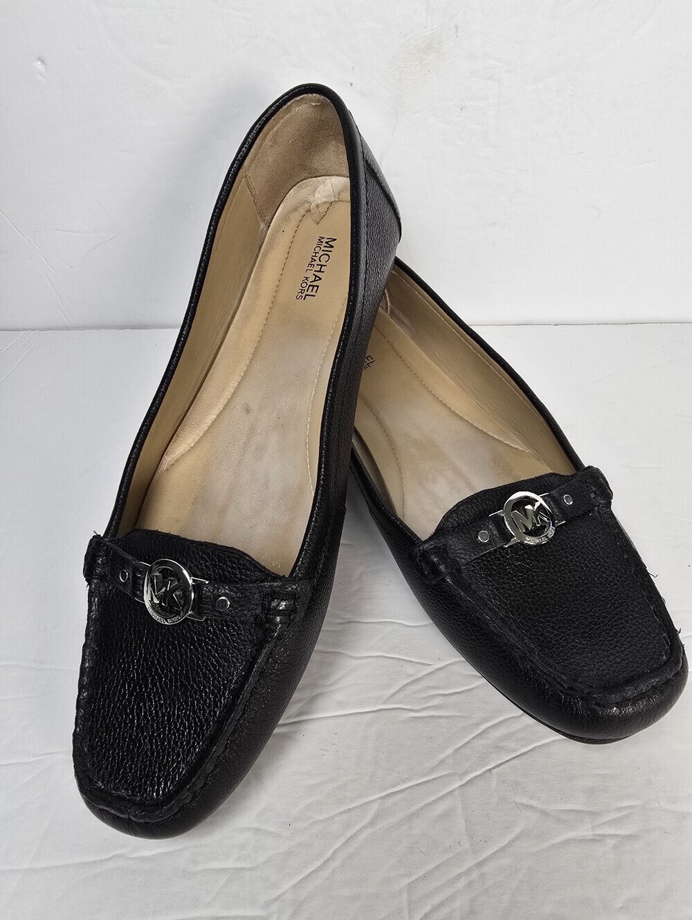 Michael Kors Moc Black Leather Moccasin Loafers Silver Tone Hardware Size 8.5